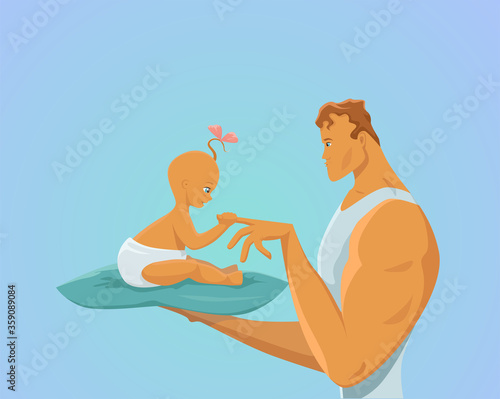 A strong dad holds his one-year-old daughter in his hand. Baby sits on the pope in diaper and holds the index finger of her father. A touching scene of communication between father and child. Vector