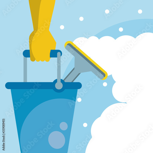 disinfect and clean activity with cleaning glass squeegee and bucket