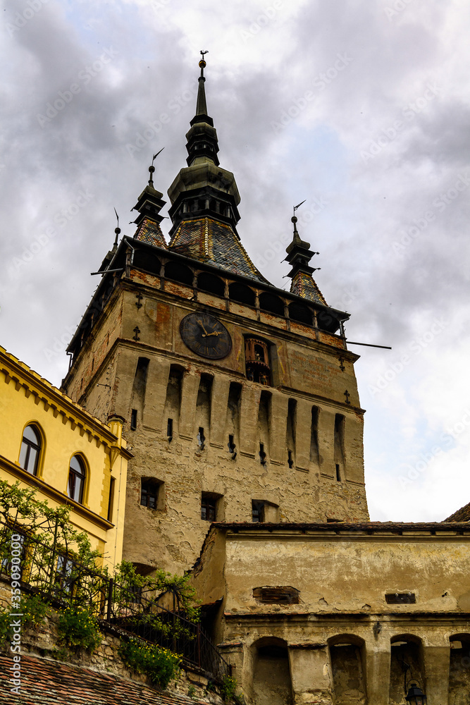 Medieval citadel bell tower of the historic centre of Sighisoara, Romania. UNESCO World Heritage