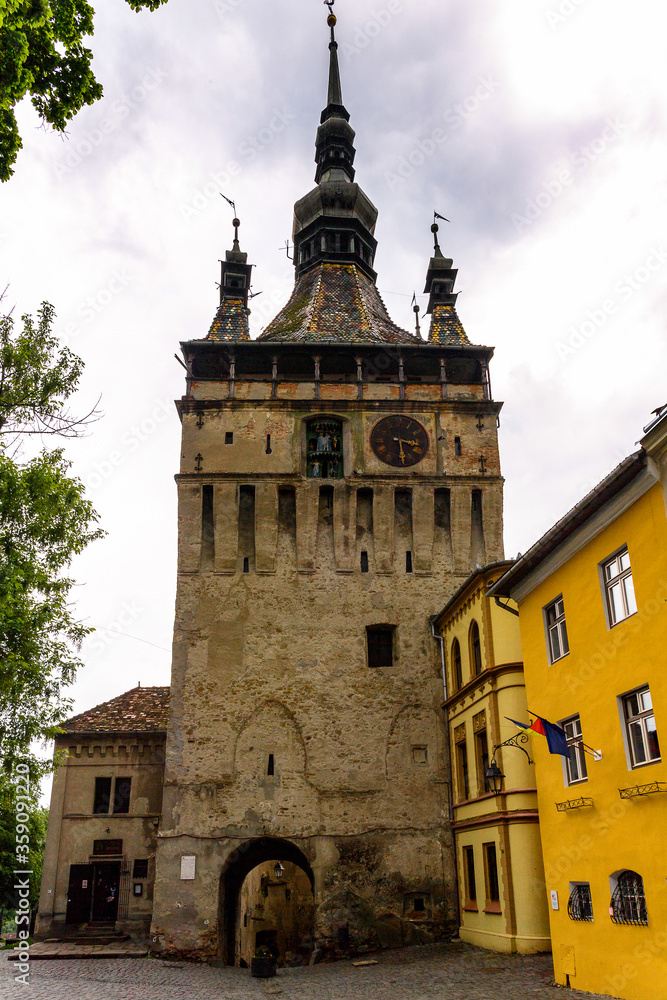 Clock tower of the historic centre of Sighisoara, Romania. UNESCO World Heritage