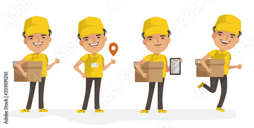 Delivery Services. Delivery man holding box or product. Deliveryman uniform isolated. full body