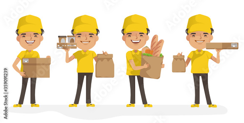 Delivery Services. Delivery man holding box or product. Deliveryman uniform isolated. full body