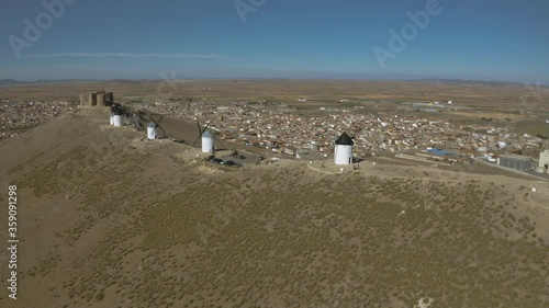 Aerial view of the famous Don Quixote windmills and medieval castles in Consuegra in La Mancha province Spain