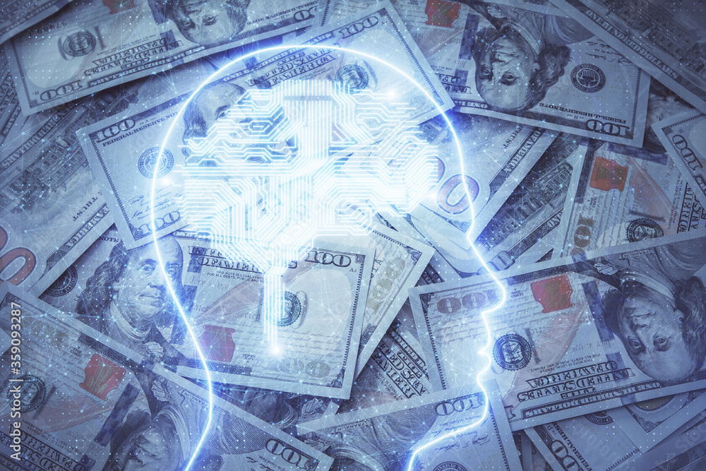 Double exposure of brain drawing over us dollars bill background. Technology concept. Double exposure of brain drawing over us dollars bill background. Technology concept.