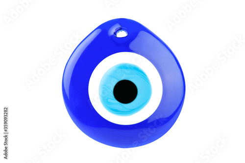 Foto Glass Turkish eye “Nazar Boncugu” on the white background.