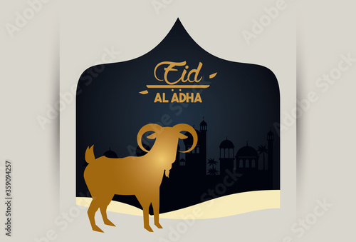 eid al adha celebration card with golden goat in elegant frame