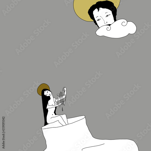 Salome and John the Baptist. Two separated saint lovers. Male and female archetypes. His head in the clouds. She plays music in his beheaded corpse.  Lamentation of dead love. Original style art.