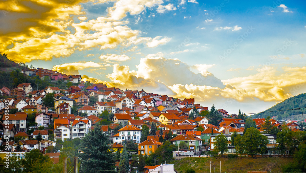 Fototapeta premium It's Uzice, a city in western Serbia, located at the banks of the Detinja river. It is the administrative center of the Zlatibor District.