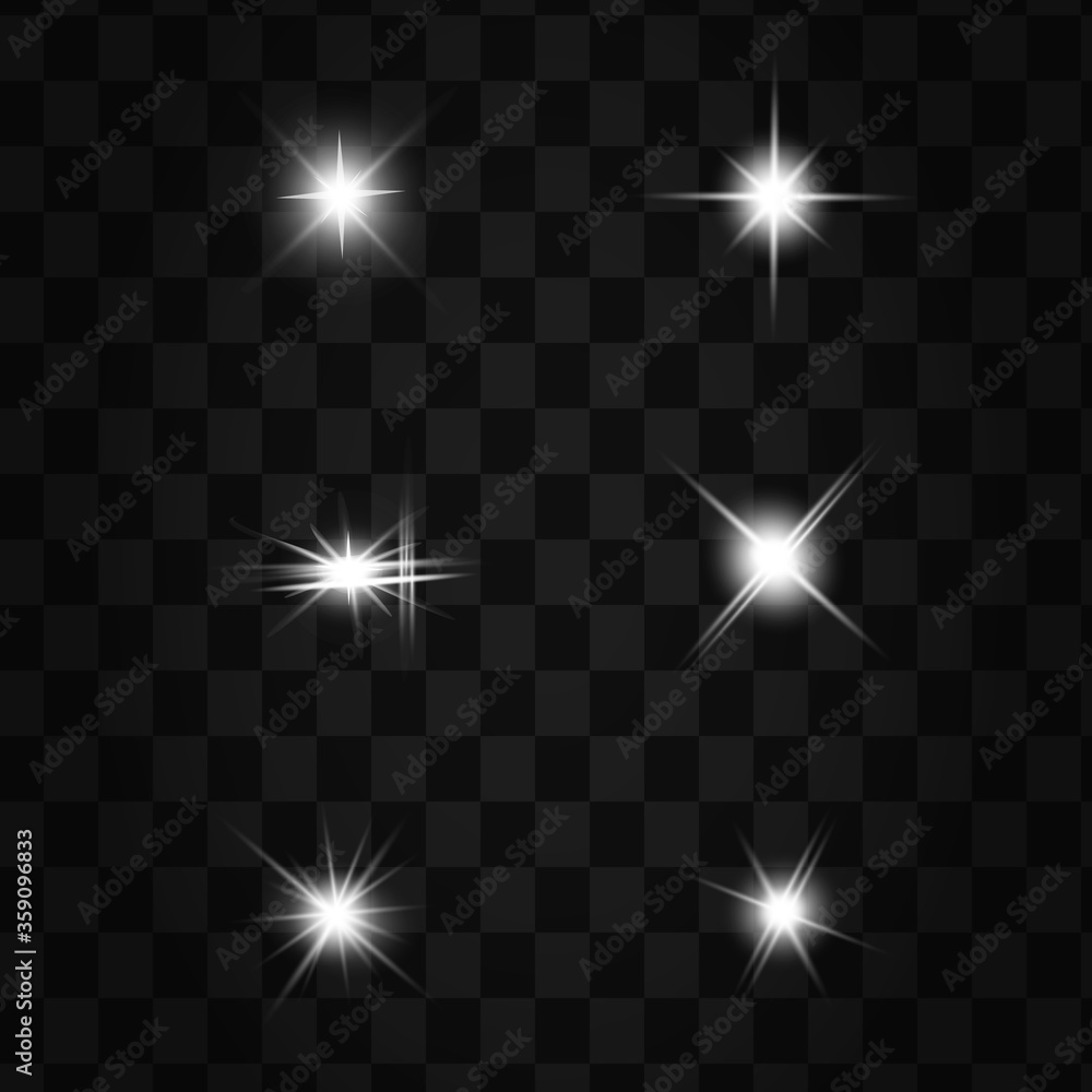 Glow isolated white transparent light effect set, lens flare, explosion, glitter, line, sun flash, spark and stars. Abstract special effect element design.