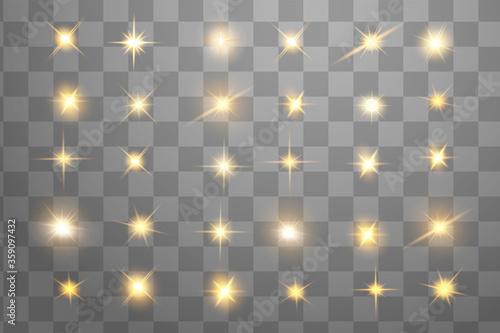 Glow isolated yellow light effect set, lens flare, explosion, glitter, line, sun flash and stars. Abstract special effect element design. Shine ray with lightning. Set of gold bright beautiful stars
