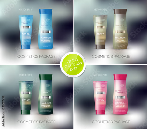 Vector cosmetics package design template, mockup. Shampoo bottle, conditioner, cream, tube, personal care products design