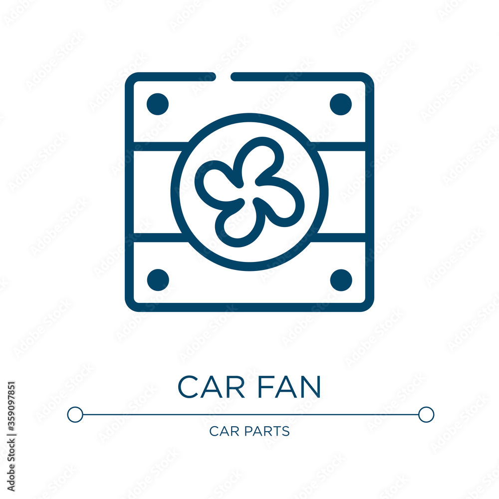 Car fan icon. Linear vector illustration from car parts collection. Outline car fan icon vector. Thin line symbol for use on web and mobile apps, logo, print media. Car fan icon. Linear vector illustration from car parts collection. Outline car fan icon vector. Thin line symbol for use on web and mobile apps, logo, print media.