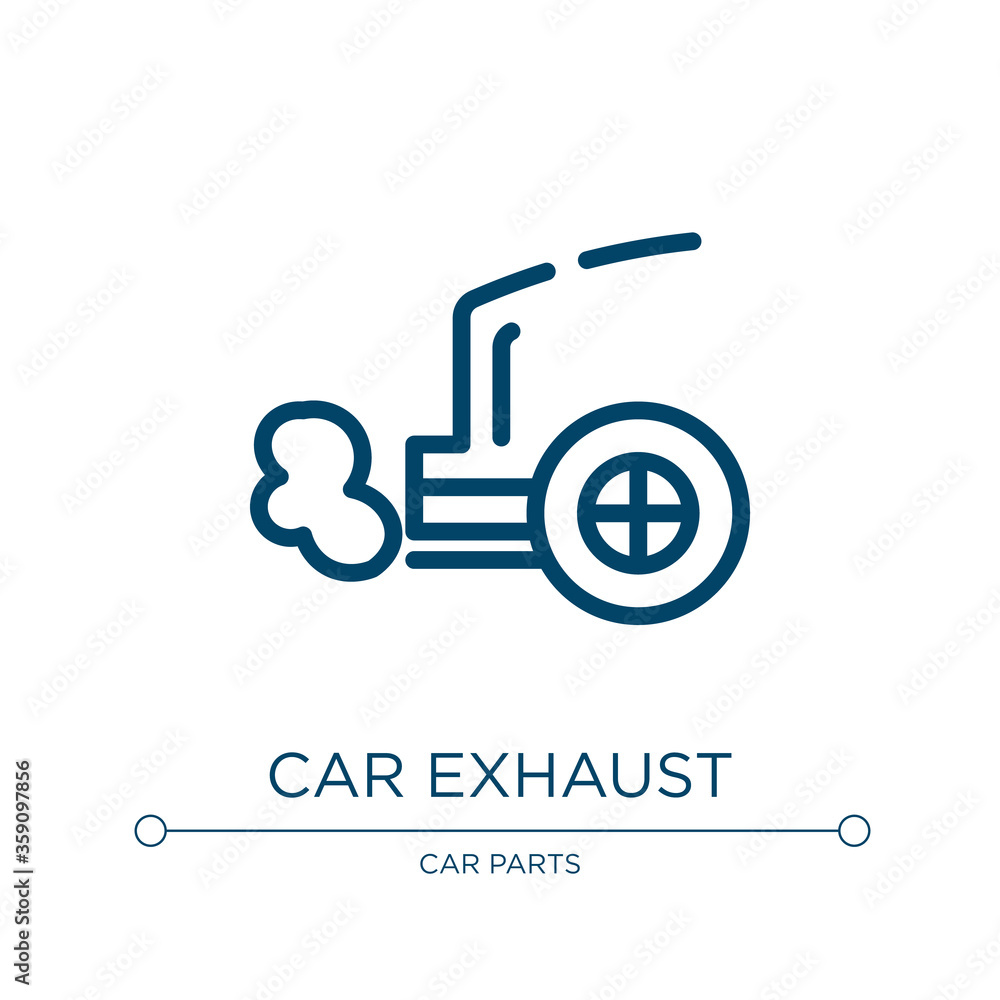 Car exhaust icon. Linear vector illustration from car parts collection. Outline car exhaust icon vector. Thin line symbol for use on web and mobile apps, logo, print media. Car exhaust icon. Linear vector illustration from car parts collection. Outline car exhaust icon vector. Thin line symbol for use on web and mobile apps, logo, print media.