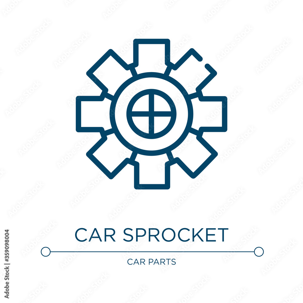 Car sprocket icon. Linear vector illustration from car parts collection. Outline car sprocket icon vector. Thin line symbol for use on web and mobile apps, logo, print media. Car sprocket icon. Linear vector illustration from car parts collection. Outline car sprocket icon vector. Thin line symbol for use on web and mobile apps, logo, print media.