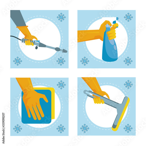 disinfect and clean activity with set equipment tools