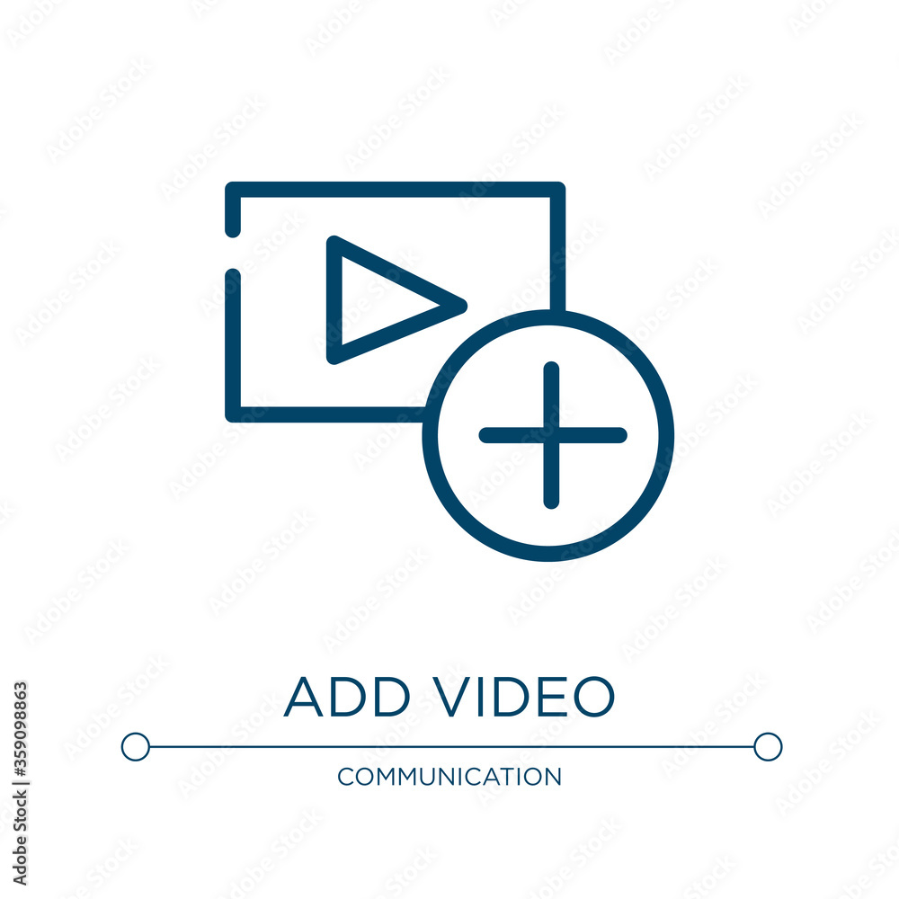 Add video icon. Linear vector illustration from marketing collection. Outline add video icon vector. Thin line symbol for use on web and mobile apps, logo, print media. Add video icon. Linear vector illustration from marketing collection. Outline add video icon vector. Thin line symbol for use on web and mobile apps, logo, print media.