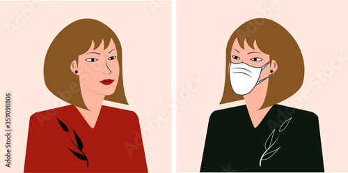 Young woman or girl wear medical mask. Preventive measures, human protection from pneumonia outbreak. Coronavirus epidemic concept. Respiratory disease, virus spread. Vector illustration.