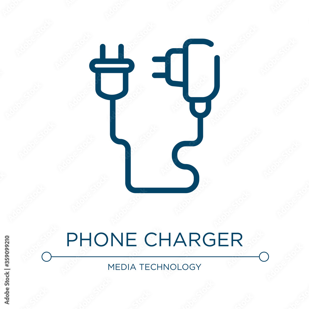 Phone charger icon. Linear vector illustration from electronic device collection. Outline phone charger icon vector. Thin line symbol for use on web and mobile apps, logo, print media. Phone charger icon. Linear vector illustration from electronic device collection. Outline phone charger icon vector. Thin line symbol for use on web and mobile apps, logo, print media.