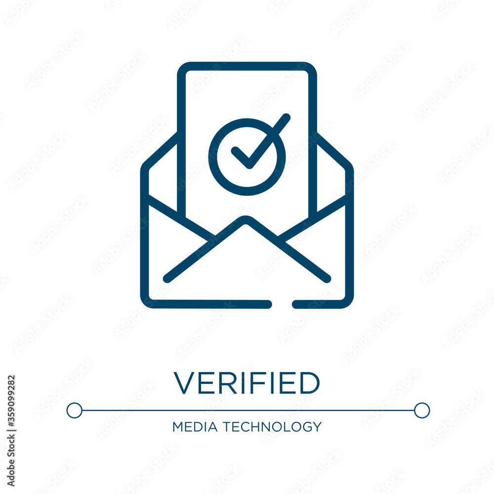 Verified icon. Linear vector illustration from email collection. Outline verified icon vector. Thin line symbol for use on web and mobile apps, logo, print media. Verified icon. Linear vector illustration from email collection. Outline verified icon vector. Thin line symbol for use on web and mobile apps, logo, print media.