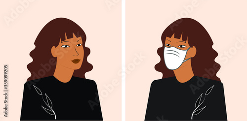 Young woman or girl wear medical mask. Preventive measures, human protection from pneumonia outbreak. Coronavirus epidemic concept. Respiratory disease, virus spread. Vector illustration.