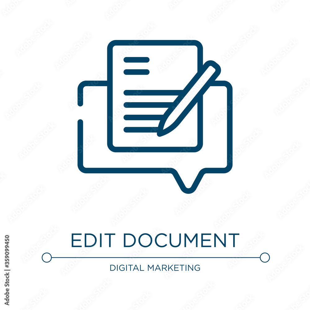 Edit document icon. Linear vector illustration from speeches collection. Outline edit document icon vector. Thin line symbol for use on web and mobile apps, logo, print media. Edit document icon. Linear vector illustration from speeches collection. Outline edit document icon vector. Thin line symbol for use on web and mobile apps, logo, print media.