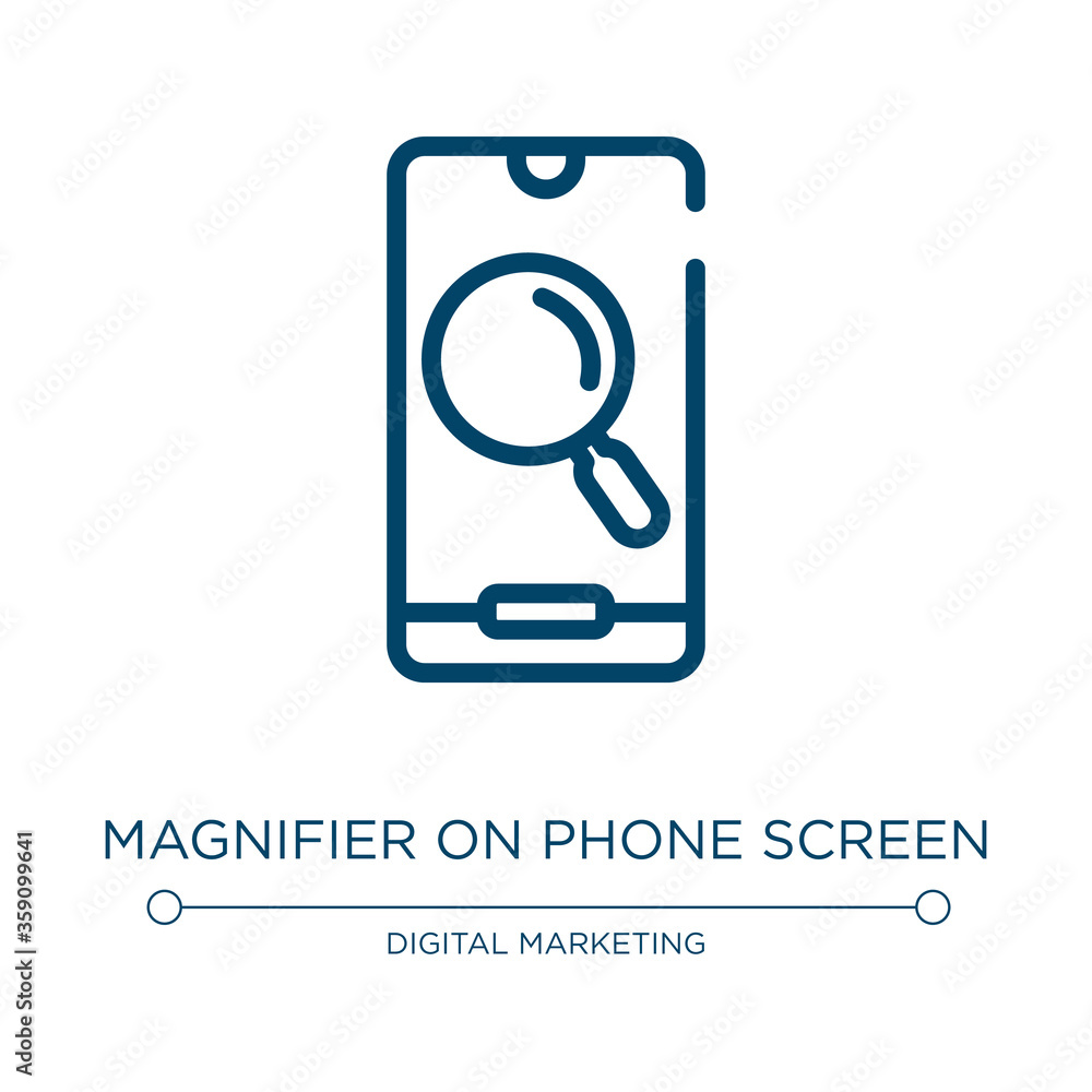 Magnifier on phone screen icon. Linear vector illustration from mobile analytics collection. Outline magnifier on phone screen icon vector. Thin line symbol for use on web and mobile apps, logo, print