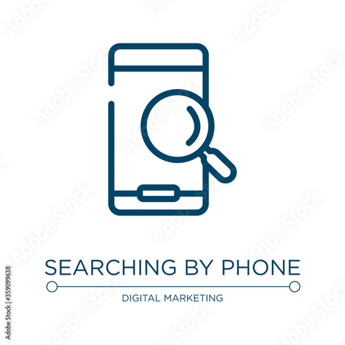 Searching by phone icon. Linear vector illustration from mobile analytics collection. Outline searching by phone icon vector. Thin line symbol for use on web and mobile apps, logo, print media.