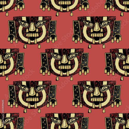 Seamless ethnic pattern with Ancient Peruvian funerary masks. Sican or Lambayeque culture. Pre Columbian Native American art. Hand drawn rough sketches.