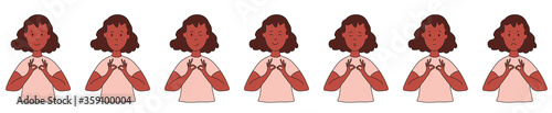 Different emotions. Ethnic background A woman practices yoga and meditation. Facial expressions. Joy, sadness, anger, funny, fear, smile. Vector illustration flat design. Cartoon.