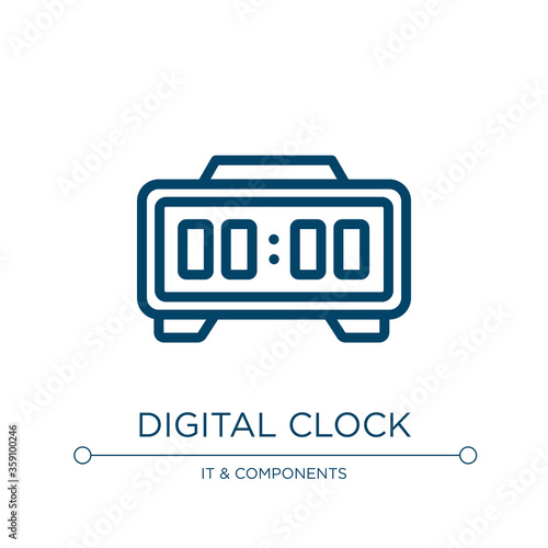 Digital clock icon. Linear vector illustration from hardware collection. Outline digital clock icon vector. Thin line symbol for use on web and mobile apps, logo, print media. © VectorStockDesign