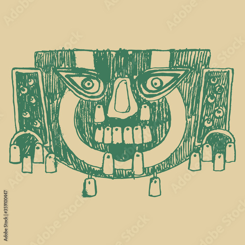 Ancient Peruvian funerary mask. Sican or Lambayeque culture. Pre Columbian Native American art. Monochrome hand drawn linear sketch.