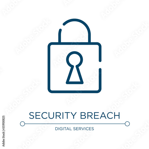 Security breach icon. Linear vector illustration from cyber robbery collection. Outline security breach icon vector. Thin line symbol for use on web and mobile apps, logo, print media.