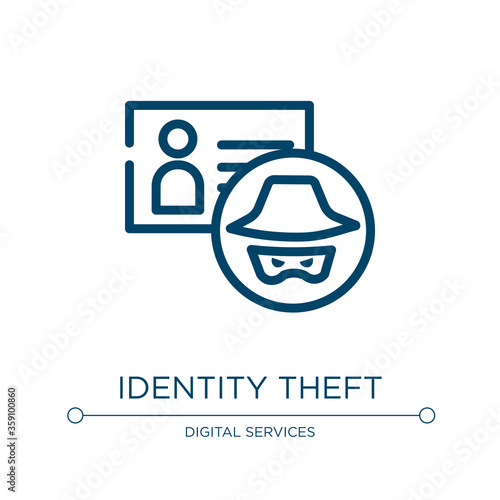 Identity theft icon. Linear vector illustration from cyber crimes collection. Outline identity theft icon vector. Thin line symbol for use on web and mobile apps, logo, print media.