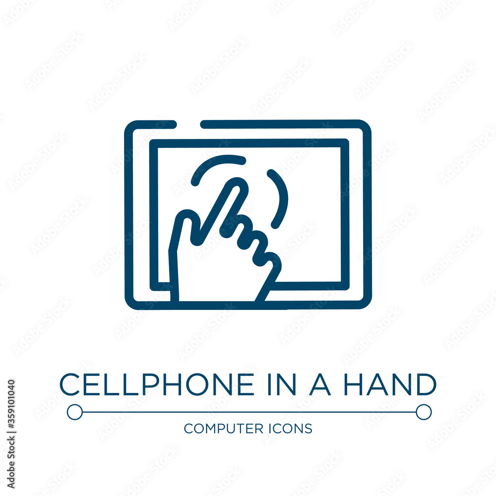 Cellphone in a hand icon. Linear vector illustration from modern screen collection. Outline cellphone in a hand icon vector. Thin line symbol for use on web and mobile apps, logo, print media. Cellphone in a hand icon. Linear vector illustration from modern screen collection. Outline cellphone in a hand icon vector. Thin line symbol for use on web and mobile apps, logo, print media.