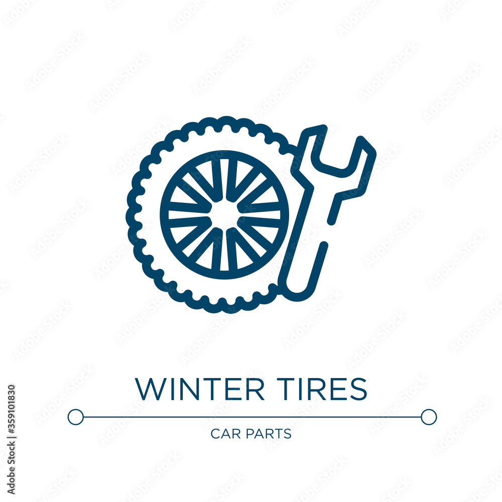 Winter tires icon. Linear vector illustration from car repair collection. Outline winter tires icon vector. Thin line symbol for use on web and mobile apps, logo, print media. Winter tires icon. Linear vector illustration from car repair collection. Outline winter tires icon vector. Thin line symbol for use on web and mobile apps, logo, print media.