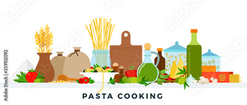 Pasta cooking. Vector flat illustrations. Products for cooking pasta. Italian cuisine concept.
