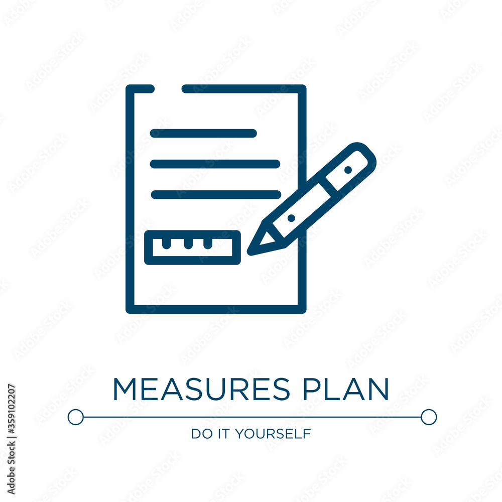 Measures plan icon. Linear vector illustration from constructicons collection. Outline measures plan icon vector. Thin line symbol for use on web and mobile apps, logo, print media. Measures plan icon. Linear vector illustration from constructicons collection. Outline measures plan icon vector. Thin line symbol for use on web and mobile apps, logo, print media.
