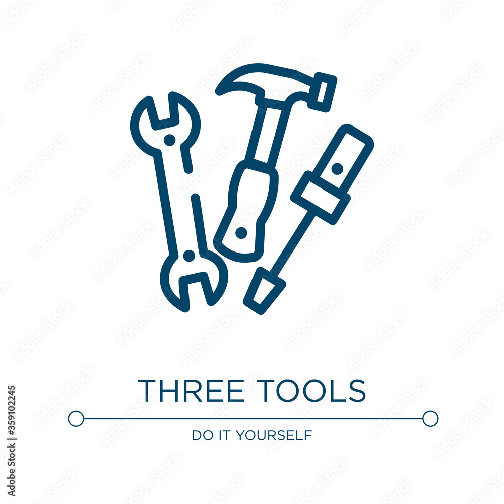 Three tools icon. Linear vector illustration from constructicons collection. Outline three tools icon vector. Thin line symbol for use on web and mobile apps, logo, print media. Three tools icon. Linear vector illustration from constructicons collection. Outline three tools icon vector. Thin line symbol for use on web and mobile apps, logo, print media.