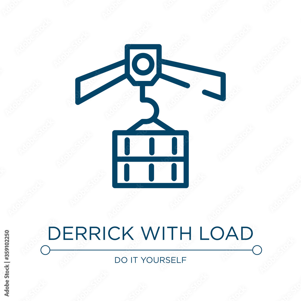 Derrick with load icon. Linear vector illustration from constructicons collection. Outline derrick with load icon vector. Thin line symbol for use on web and mobile apps, logo, print media. Derrick with load icon. Linear vector illustration from constructicons collection. Outline derrick with load icon vector. Thin line symbol for use on web and mobile apps, logo, print media.