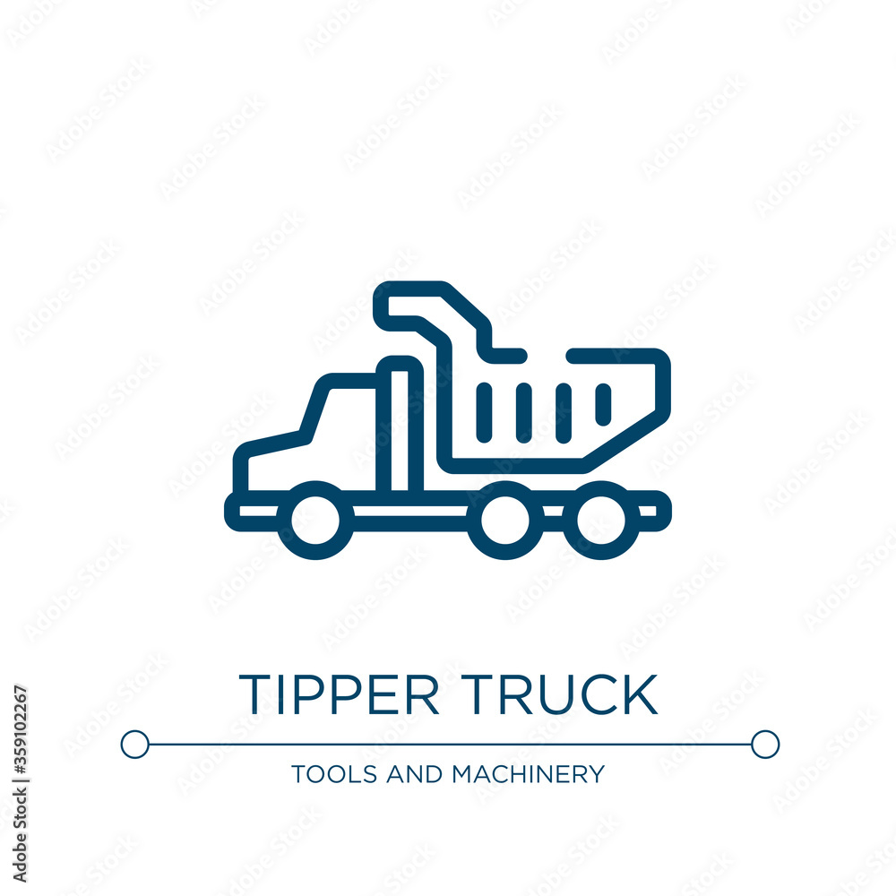 Tipper truck icon. Linear vector illustration from tools and machinery collection. Outline tipper truck icon vector. Thin line symbol for use on web and mobile apps, logo, print media. Tipper truck icon. Linear vector illustration from tools and machinery collection. Outline tipper truck icon vector. Thin line symbol for use on web and mobile apps, logo, print media.