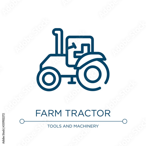 Farm tractor icon. Linear vector illustration from tools and machinery collection. Outline farm tractor icon vector. Thin line symbol for use on web and mobile apps, logo, print media.