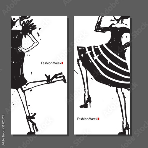 Fashion illustration. Fashion week. Show, Catwalk Event, Runway Show. Set. Vector hand-drawn sketch.