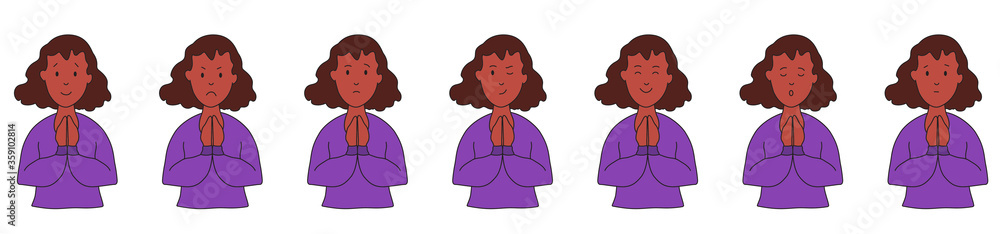 Different emotions and facial expressions. A sweet ethnicity woman clasped her hands in front of her and prays. Joy, sadness, anger, funny, fear, smile. Vector illustration flat design. Cartoon. Different emotions and facial expressions. A sweet ethnicity woman clasped her hands in front of her and prays. Joy, sadness, anger, funny, fear, smile. Vector illustration flat design. Cartoon.