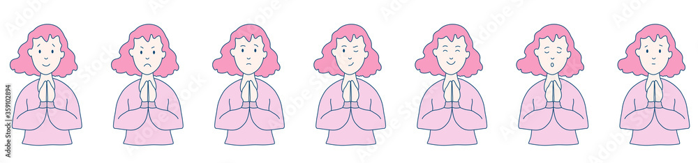 Different emotions and facial expressions. A sweet woman clasped her hands in front of her and prays. Joy, sadness, anger, funny, fear, smile. Vector illustration flat design. Cartoon. Different emotions and facial expressions. A sweet woman clasped her hands in front of her and prays. Joy, sadness, anger, funny, fear, smile. Vector illustration flat design. Cartoon.