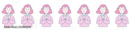 Different emotions and facial expressions. A sweet woman clasped her hands in front of her and prays. Joy, sadness, anger, funny, fear, smile. Vector illustration flat design. Cartoon. 