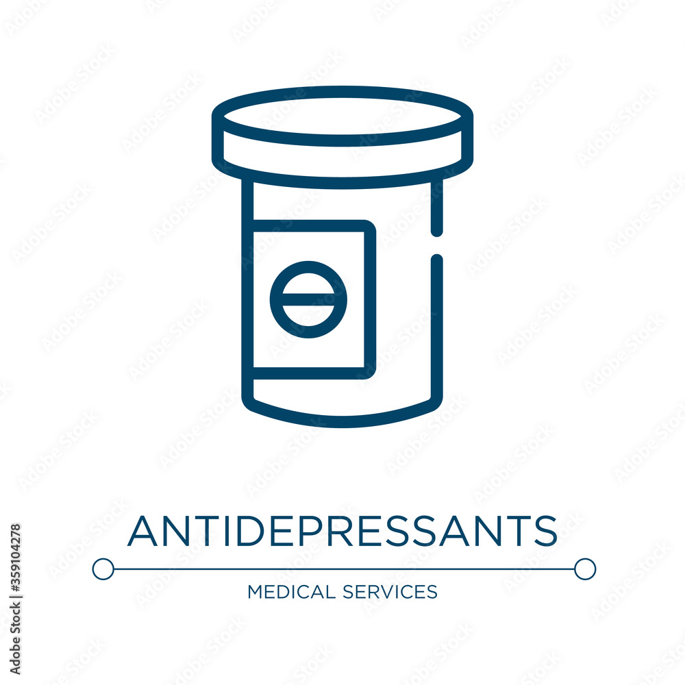 Antidepressants icon. Linear vector illustration from mental health collection. Outline antidepressants icon vector. Thin line symbol for use on web and mobile apps, logo, print media. Antidepressants icon. Linear vector illustration from mental health collection. Outline antidepressants icon vector. Thin line symbol for use on web and mobile apps, logo, print media.