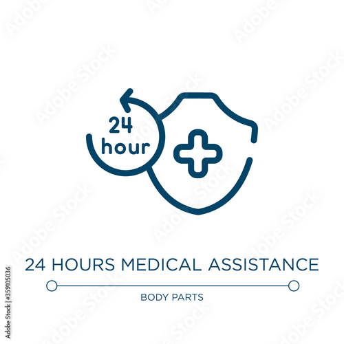 24 hours medical assistance icon. Linear vector illustration from medicine and health collection. Outline 24 hours medical assistance icon vector. Thin line symbol for use on web and mobile apps,