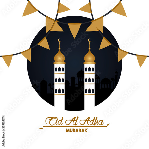 eid al adha celebration card with mosque towers