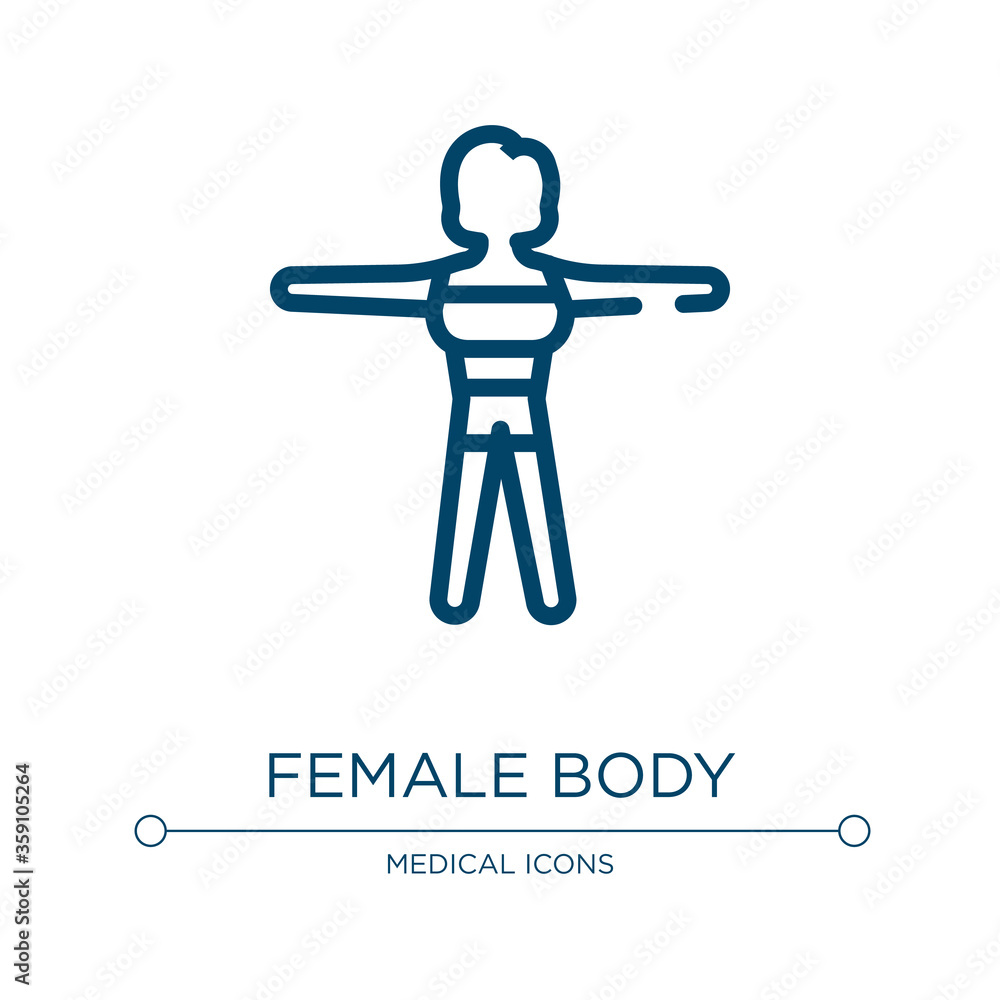 Female body icon. Linear vector illustration from in the hospital collection. Outline female body icon vector. Thin line symbol for use on web and mobile apps, logo, print media. Female body icon. Linear vector illustration from in the hospital collection. Outline female body icon vector. Thin line symbol for use on web and mobile apps, logo, print media.