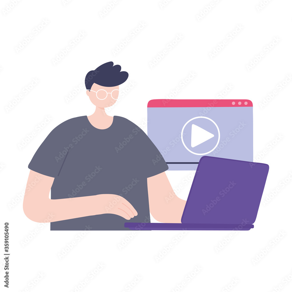 online training, man using laptop video content, education and courses learning digital